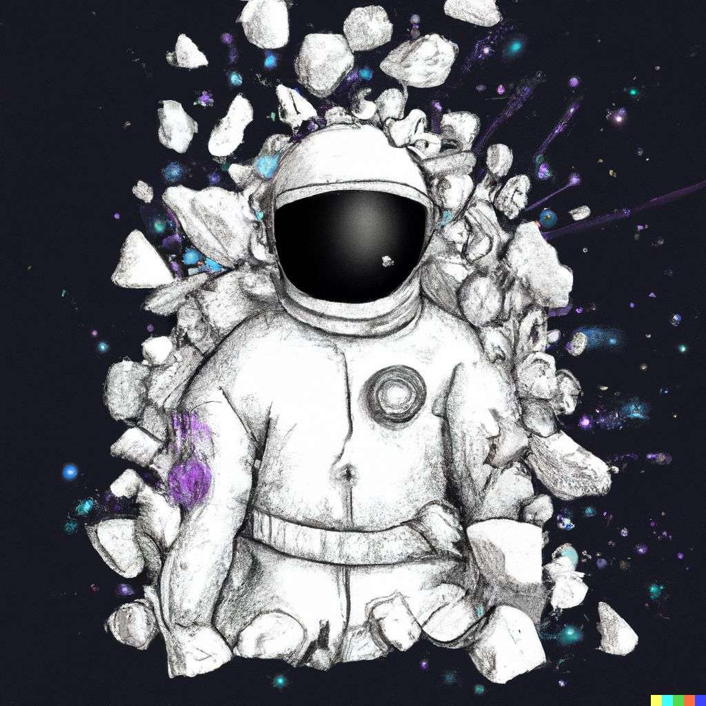 an astronaut, covered in exploding crystals